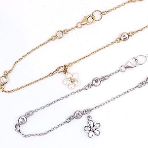 CZ Flower on 4mm round CZ chain Anklet/Choker Silver or Gold, CZ Flower Necklace on By the Yard Chain, Diamond Flower Anklet/Necklace