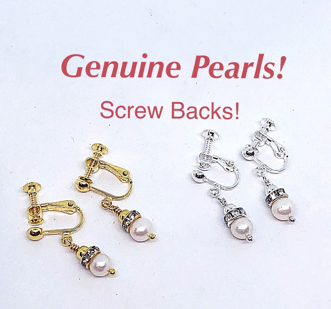 Real Pearl Clip on CZ Earrings Screw Backs, White Pearl Clip on Earring, Flower Girl Pearl Clip