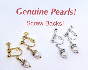 Children's Genuine Pearl Clip On CZ Dangle Earrings, White Pearl Clip On Earring, Flower Girl Pearl Clip On Earrings, Childs Pearl Dangle