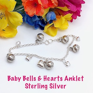 Bébé/enfant en bas âge Karen Hill Tribe Bells and Hearts Sterling Anklet or Bracelet, Baby Jingling Bells Bracelet, Baby Bell Heart Sterling Bracelet image 1