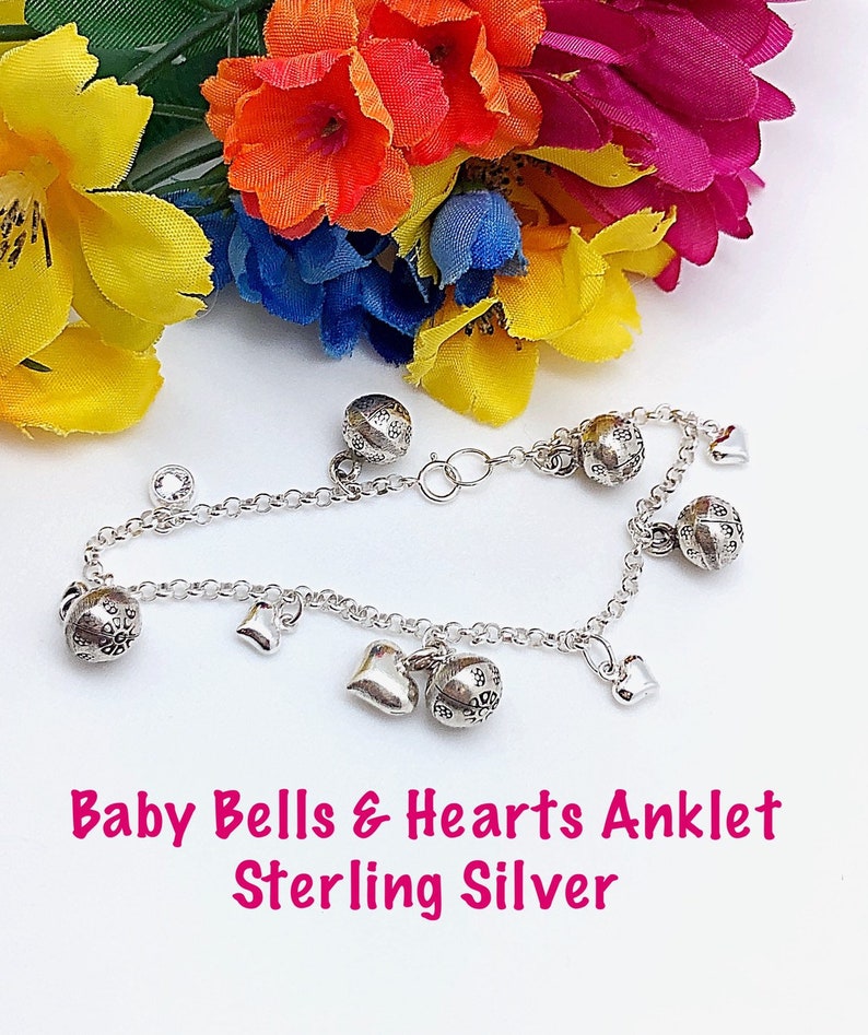 Bébé/enfant en bas âge Karen Hill Tribe Bells and Hearts Sterling Anklet or Bracelet, Baby Jingling Bells Bracelet, Baby Bell Heart Sterling Bracelet image 1