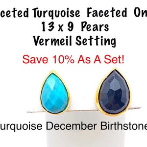 SALE Faceted Turquoise or Onyx Pear Studs in Gold Bezel, Sale Turquoise Pear Stud, Sale Black Onyx Pear Gold Stud, December Birthstone Stud
