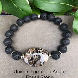 Exotic Turritella Agate and Lava Rock Unisex Stretch Bracelet, Fossilized Agate Men’s Lava Rock Bracelet, Collectors Gemstone Bracelet
