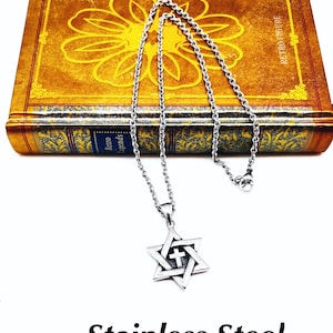 Messianic Star Of David Stainless Steel Necklace, Large Star of David With Cross Stainless Necklace, Unisex Jewish Star & Cross Necklace