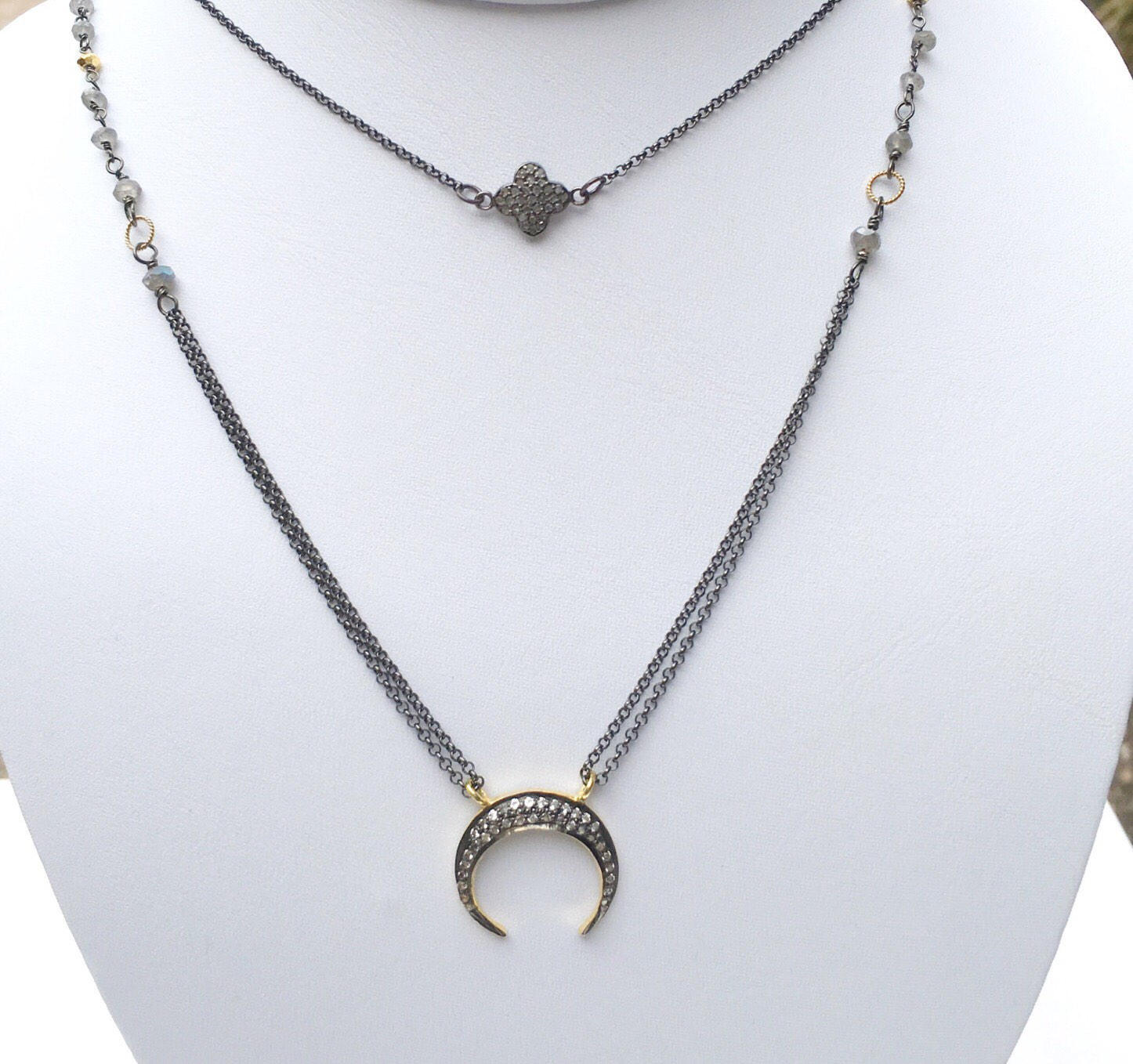 Pave Crescent Moon in White Topaz Necklace on Labradorite | Etsy