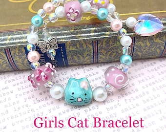 Girls Cat Pearl Heart Memory Wire Bracelet, Toddler Cat Bracelet, Childrens Cat Jewelry, Girls Cat Bracelet, Childs Cat Pearl Bracelet