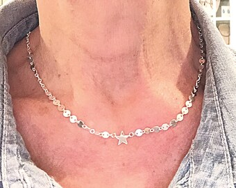 Linda estrella en cadena de moneda en plata de ley, gargantilla de estrella de ley, cadena de estrella en disco, collar de cadena de estrella de ley, gargantilla de regalo de logro
