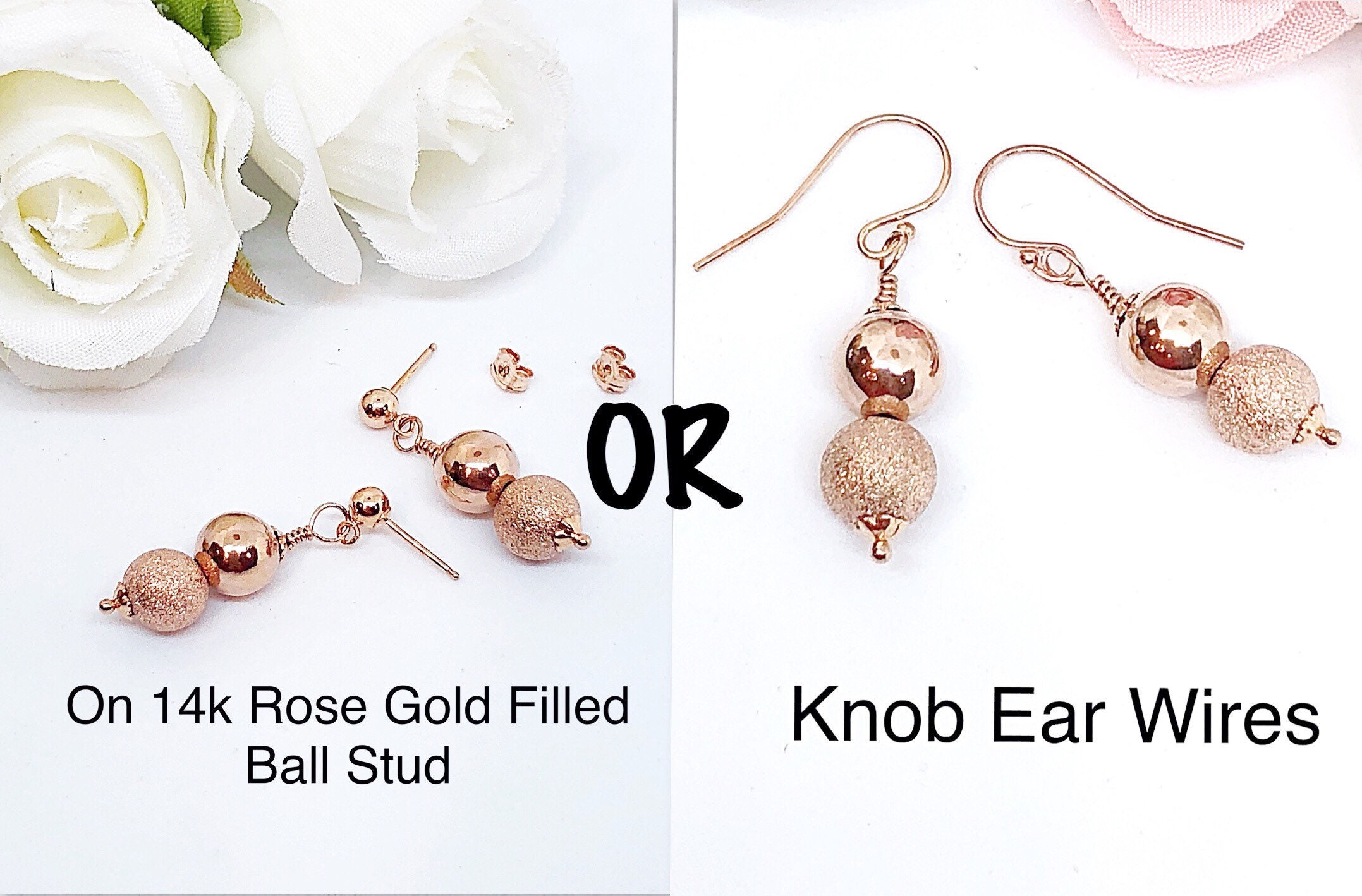 Rose Gold Stardust and Shiny Dangle Bead Earring Stud or Wire, Bridesmaid Rose Gold Dusted and Shiny Bead Earring, Rose Gold Ball Earring