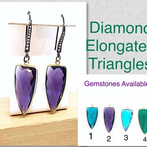 May include: A pair of dangle earrings with elongated triangle shaped gemstones. The earrings are made with gold and silver and have a diamond accent. Gemstones available: 1. Teal, 2. Amethyst, 3. Aqua, 4. Green.