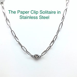 Paperclip CZ Solitaire roestvrijstalen ketting of armband, of enkelbandje, CZ paperclip ketting, roestvrij ronde CZ paperclip enkelbandje