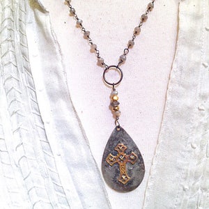 Gold Cross Y Eternity Necklace on Hand Wired Mystic Labradorite, Cross Dog Tag Y Necklace,  Labradorite Cross Y Necklace, Cross Y Neckace