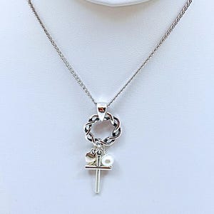 Silver Christian Triple Charm Necklace of Cross, Heart, Pearl. Mom Christmas Gift, Teen Religious Gift, Spiritual Jewelry, Best Friends Gift