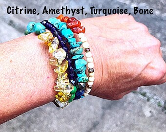 Santa Fe Colorful Mixed Gemstone Memory Wire 4 Row Cuff, Bright Semi-Precious Mixed Gem Multi Row  Bracelet, Boho Bracelet, Sundance Look