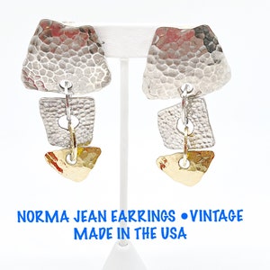 Norma Jean Vintage Clip On Tone Hammered Long Dangles, 1980’s Norma Jean Silver/Gold Clip On Dangle Earrings, Vintage Clip On 2 Tone Dangles