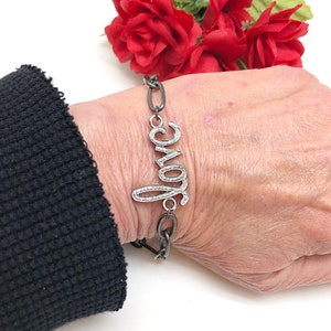 Cursive Diamond Love Bracelet Paperclip Chain, Bold Diamond Love Bracelet Diamond Clasp, Cursive Diamond Love Oxidized Chain Bracelet