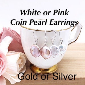 White or Pink Baroque Pearl Earrings, Sterling Coin Pearl Earrings, Freshwater Pearl Bridal Earrings, Bridesmaid Coin Pearl Earrings