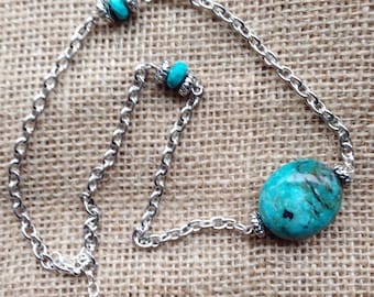 Real Turquoise  Chunky Necklace, Turquoise Choker, Boho Turquoise Necklace, Turquoise Jewelry, Turquoise Necklace