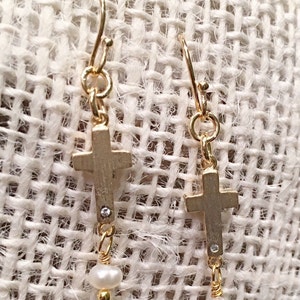 Matte Gold Cross Dangle Earring, Sideways Cross Necklace Dangling Gemstone, Sideways Cross Necklace or Gold Cross Anklet w/Dangle Gem image 2