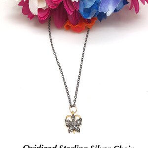 Dainty 3/8” Diamond Butterfly Necklace, Gardener’s Necklace Gift, Diamond Butterfly on Oxidized Chain, Pave Diamond Butterfly Choker