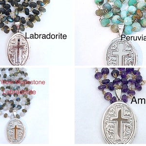 Oval Cross Engravable Sterling Photo Locket on Gemstone Chain, Sterling Cross Photo Locket Necklace, Engravable Large Sterling Cross Locket