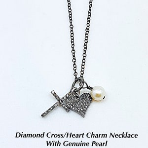 Diamond Cross Heart Pearl Oxidized Charm Necklace, Christmas Gift Necklace, Religious Diamond Charm Necklace, Diamond Cross Necklace