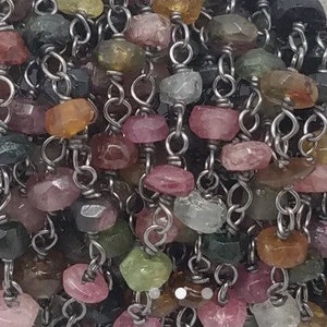 Watermelon Tourmaline Hand Wired Rosary Chain Necklace, 3mm , Sterling Oxidized Clasp, Mixed Tourmaline Chain Necklace, Tourmaline Anklet