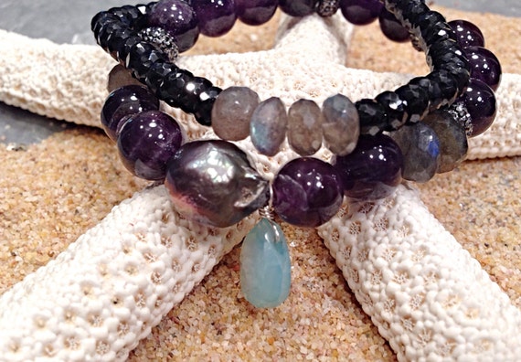 Amethyst, Labradorite, Black Pearl, Aqua Chalcedony Stretch Bracelet! Black Spinel and Labradorite. Best Quality, Flashes of Blue/Violet.