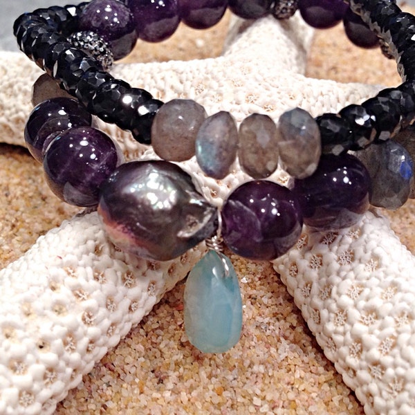 Amethyst, Labradorite, Black Pearl, Aqua Chalcedony Stretch Bracelet! Black Spinel and Labradorite. Best Quality, Flashes of Blue/Violet.