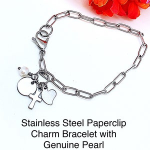Cross & Heart Stainless Steel Paperclip  Charm Bracelet or Anklet, Stainless Cross Paperclip Anklet, Multi Charm Paperclip Bracelet