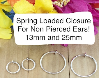 Silver Plated Spring Closure Hoops, Hoops for Non-Pierced Ears, Clip on Silver Hoops, Childrens Silver Hoops, Tension Closure Silver Hoops