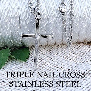 Mens Stainless Steel Triple Nail Cross Necklace, Large Stainless Nail Cross Necklace, Groomsmen Cross Gifts, Oxidized Stainless Mens Cross