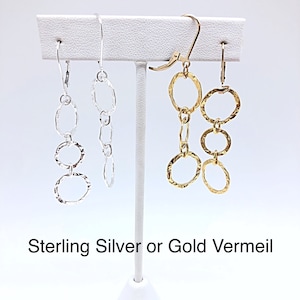 Hammered Dangling &quot;Sister&quot;  Ring Earrings in Sterling or Gold Vermeil, Dangling Sterling or Gold Ring Earrings, Circle Chain Dangle Earrings