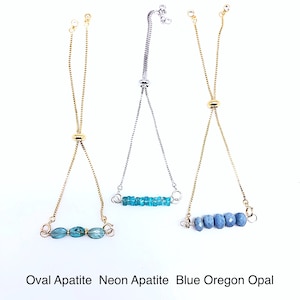 Interchangeable Lt. Blue Choices of Bolo Box Chain Bracelets in White or Yellow Gold Filled, Adjustable Blue Gemstone Pull Bracelets