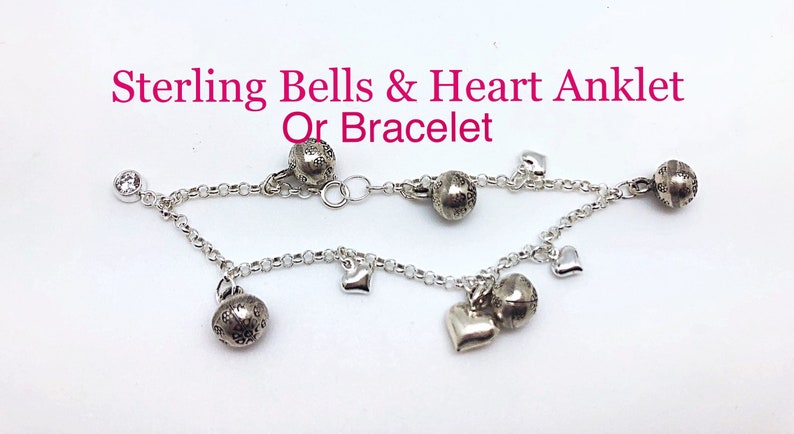 Bébé/enfant en bas âge Karen Hill Tribe Bells and Hearts Sterling Anklet or Bracelet, Baby Jingling Bells Bracelet, Baby Bell Heart Sterling Bracelet image 4