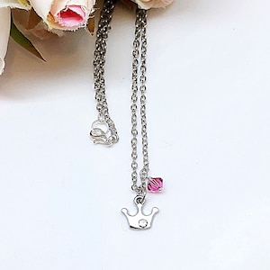 Tiara de cristal para niños con collar de plata con dije rosa, tiara de cristal pequeña con collar con detalles rosas, lindo collar de princesa con tiara de cristal
