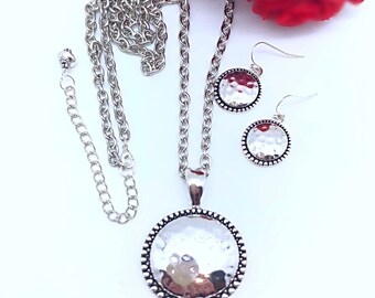 Silver Beaded Hammered Disc Earring & Necklace Set, Silver Statement Earring and Necklace Disc Set, Hammered Silver Disc Jewelry Gift Set