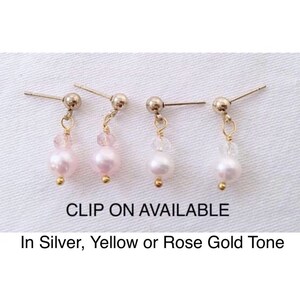 Flower Girl White or Pink Pearl Stud Dangle, Real White or Pink Pearl Dangles, Pearl Stud Bridesmaid Earrings, Clip On Real Pearl Earrings
