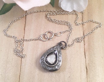 Rose Cut Pear Diamond Pendant Necklace, Pear Shaped Diamond Necklace, Diamond Pendant Necklace, Large Rose Cut Diamond Pendant Necklace