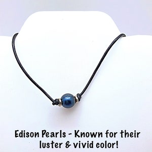 Midnight Blue Edison Pearl on Leather Single Pearl Choker, Blue Edison Pearl on Leather Cord, Single Pearl Leather Necklace, Leather & Pearl