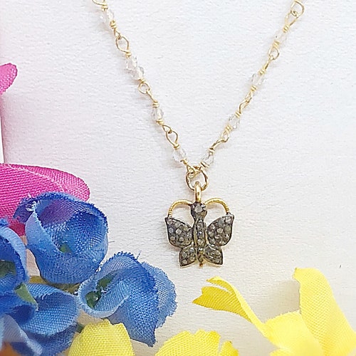 Dainty 3/8” Diamond Butterfly Necklace, Gardener’s shops Necklace Gift, Diamond Butterfly on Oxidized Chain, Pave Diamond Butterfly Choker