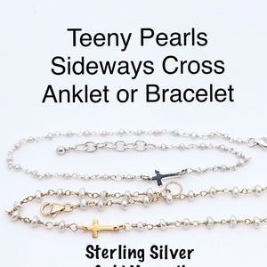 Cross or Heart with Cross Pearl Chain Anklet/Bracelet In Sterling Silver, Tiny Pearl Cross Anklet, Gold Sideways Cross Pearl Chain Bracelet