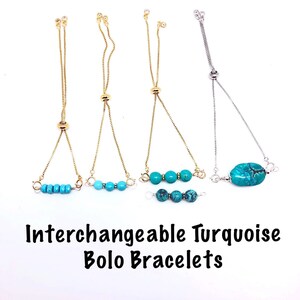 Interchangeable Turquoise Choices of Bolo Box Chain Bracelets in White or Yellow Gold Filled, Adjustable Turquoise Pull Bracelets