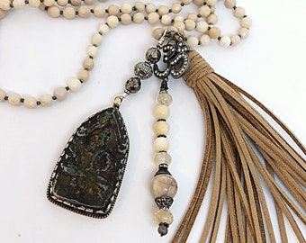 Reversible Buddha Om Suede Tassel River Fossil Bead  Necklace, Boho Chic Long Buddah Necklace, Reversible Buddah Suede Tassel Necklace