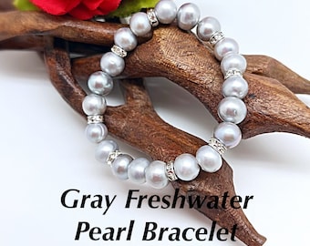 Freshwater Silver/Grey Pearls with Crystals Bracelet for Anytime, Women or Men’s Grey Pearl Stretch Bracelet, Stackable Grey Pearl Bracelets