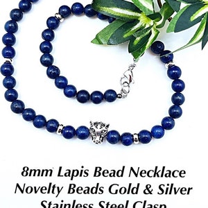 Men’s Lapis Bead Necklace With Novelty Bead Choices in Silver or Gold, Unisex 8mm Lapis Novelty Bead Necklace, Dad Novelty Lapis Necklace