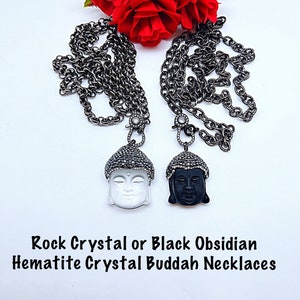 Sale Buddha Black Obsidian or Rock Crystal 30” Necklace, Sale CZ Crystal & Gemstone Buddah  Clasp Necklace,   Sale Buddah Necklace CZ Clasp
