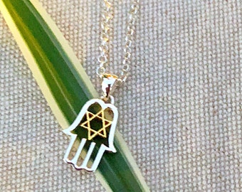 Sterling Hamsa with 18k Gold or Sterling Star of David Necklace, Men's Sterling Jewish Star Hamsa Necklace, Sterling Star of David Hamsa