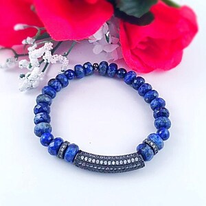 Lapis Pave Bar Stretch Bracelet, Lapis Oxidized CZ Bar Stretch Bracelet, Lapis Rondelle CZ Pave Bar Stretch Bracelet