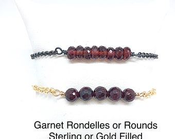Garnet Bar Chain Bracelets in Gold Fill or Oxidized Sterling Silver, January Birthstone Bracelets, Garnet Chain Bracelets, Rondelle Garnets