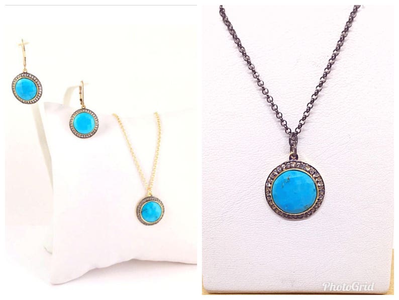 May include: A turquoise gemstone pendant necklace with a silver chain and a matching pair of earrings. The pendant and earrings are surrounded by a halo of small diamonds.